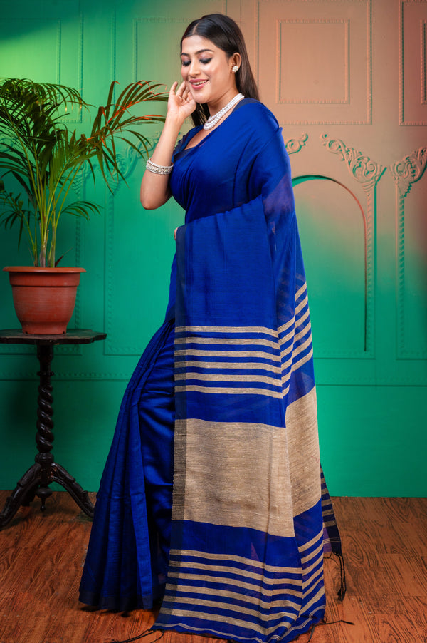 Women's Blue Handloom Cotton Saree With Gheecha Pallu - Boveee