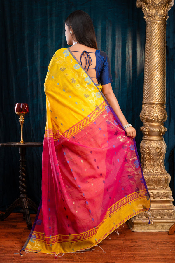 Women's Yellow Handloom Cotton Saree With Contrasting Border And Pallu - Aanika