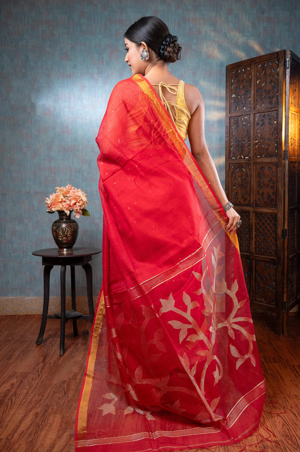 Women's Red Pure Matka Muslin Saree With Golden Floral Motifs - Aanika