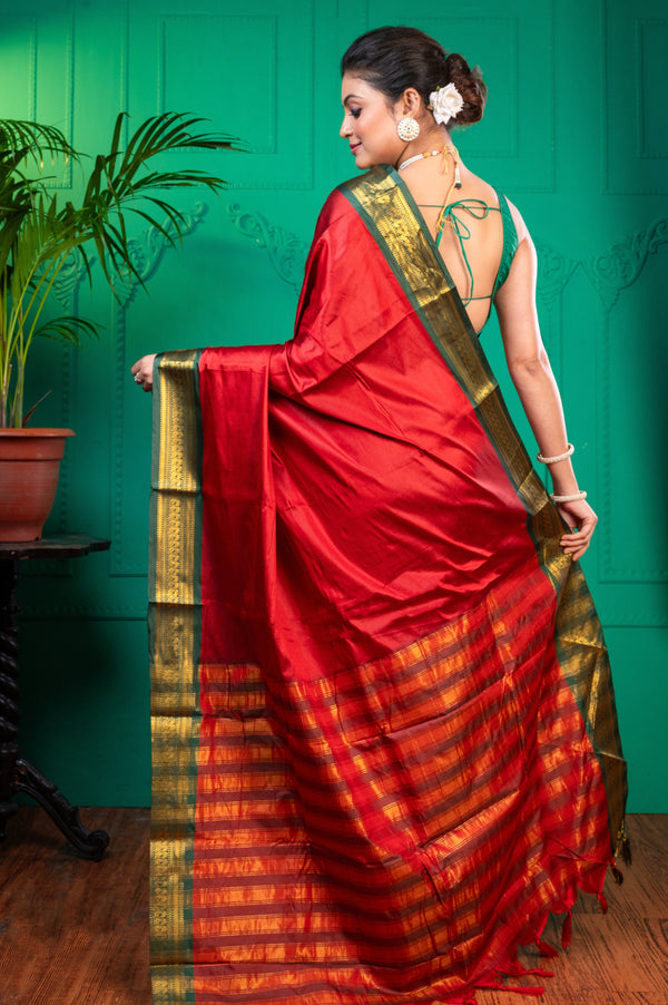 Women's Red Aura Silk Saree With Contrasting Green And Golden Zari Border - Aanika