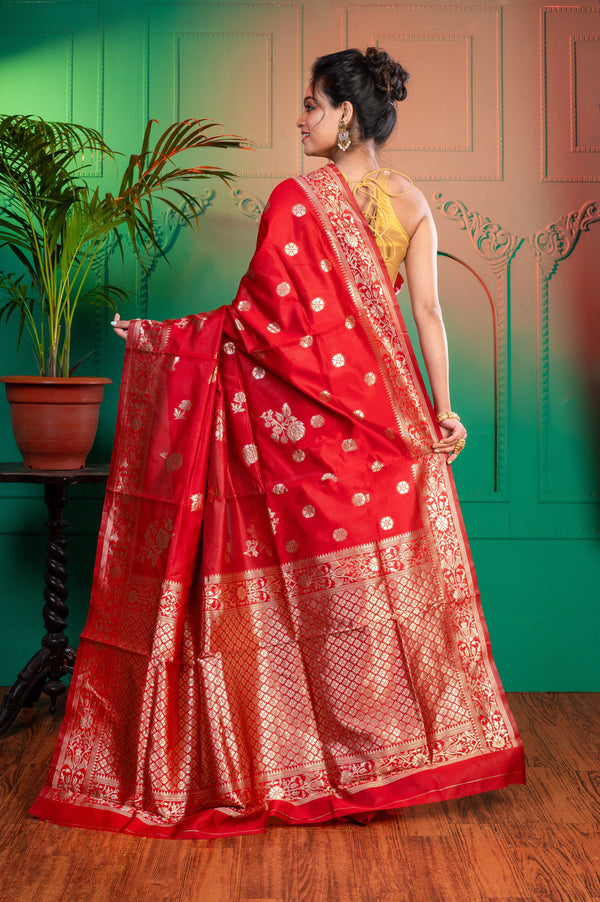 Women's Red Banarasi Soft Silk Saree With Jacquard Border - Aanika