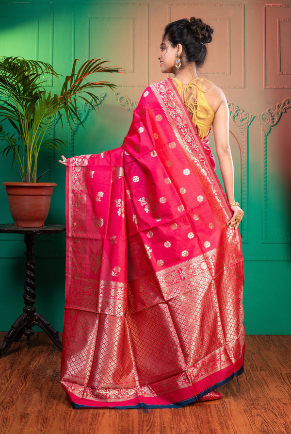 Women's Pink Banarasi Soft Silk Saree With Jacquard Border - Aanika