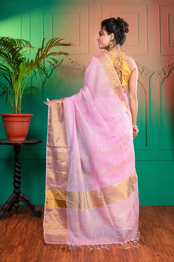 Women's Pink Pure Handloom Linen Saree With Golden Zari  Border And Pallu - Aanika