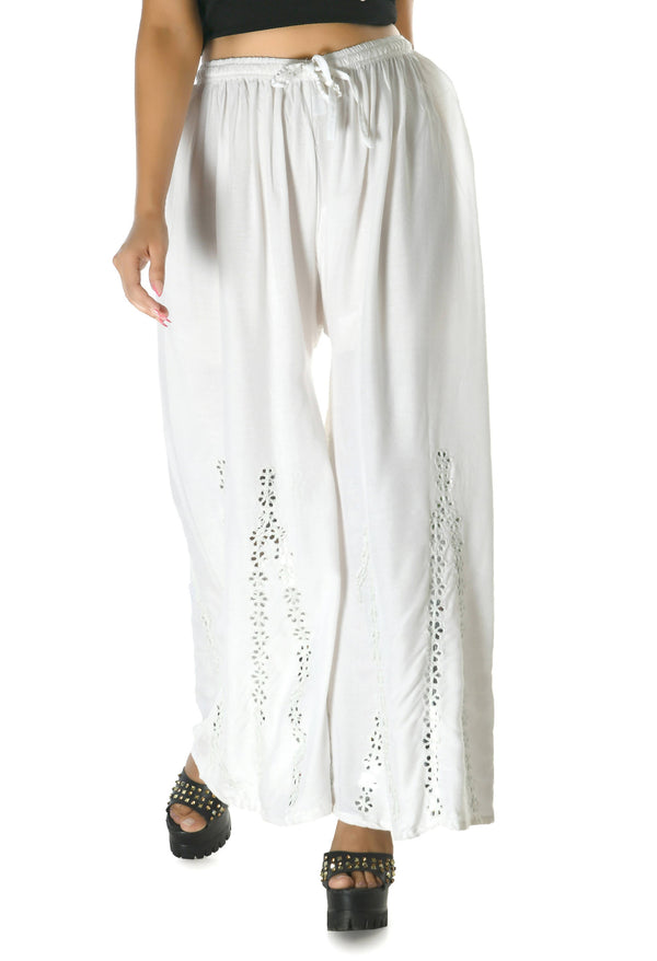 Women's White Hem Design Mirror Work Flared Palazzo Mfp035 - Moeza