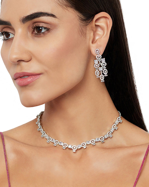 Women's Sparkling Elegance Silver Plated Oval Necklace Set - Voylla