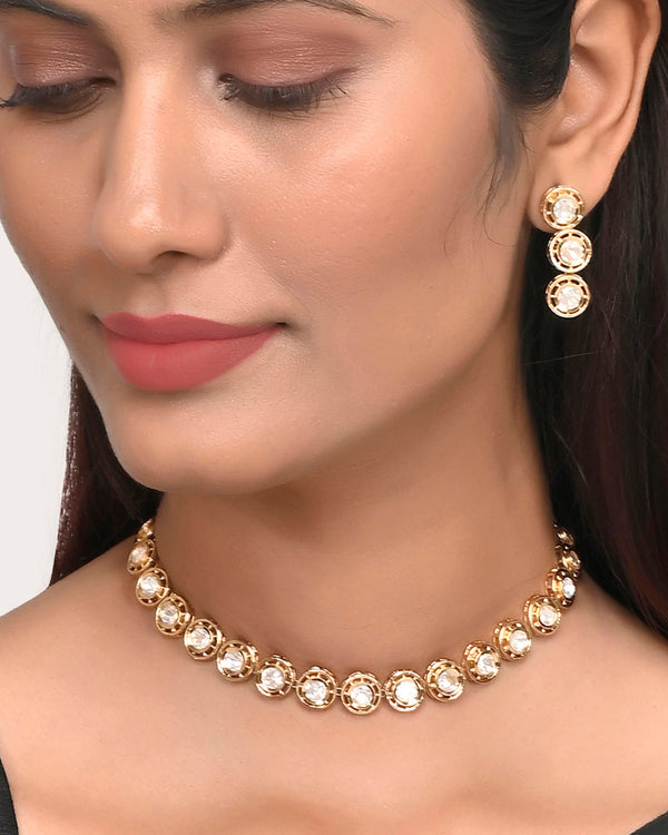 Women's Large Round Cut Faux Kundan Adorned Gold Plated Brass Jewellery Set - Voylla