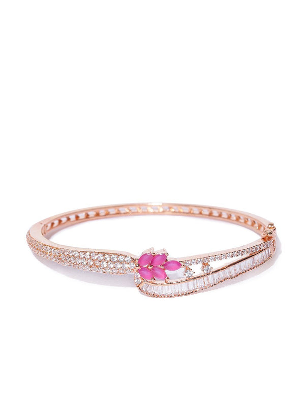 Women's Rose Gold-Plated Ruby and American Diamond Studded Bracelet in Floral Pattern - Priyaasi