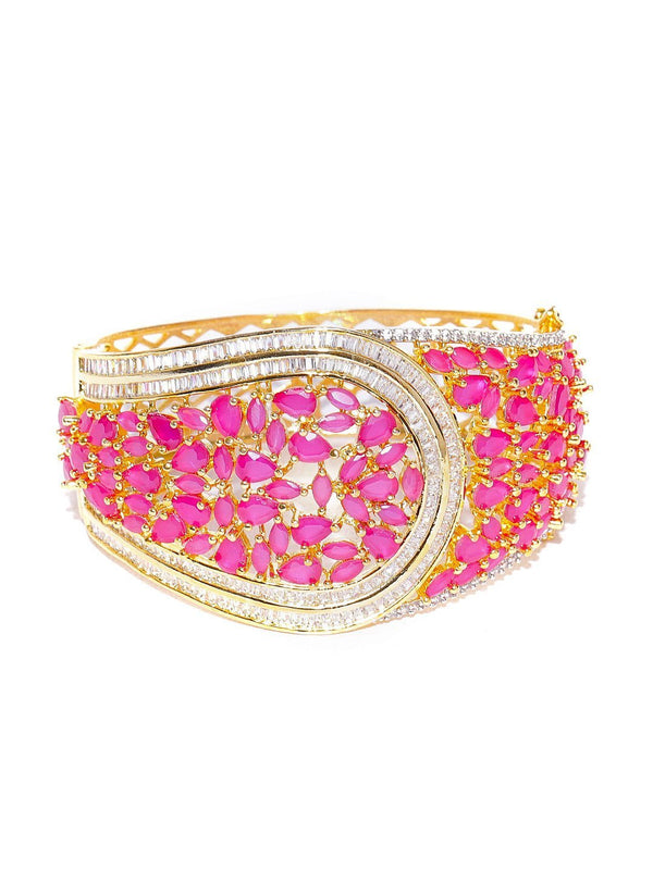 Women's Gold-Plated American Diamond and Ruby Studded Kada Bracelet in Pink Color - Priyaasi