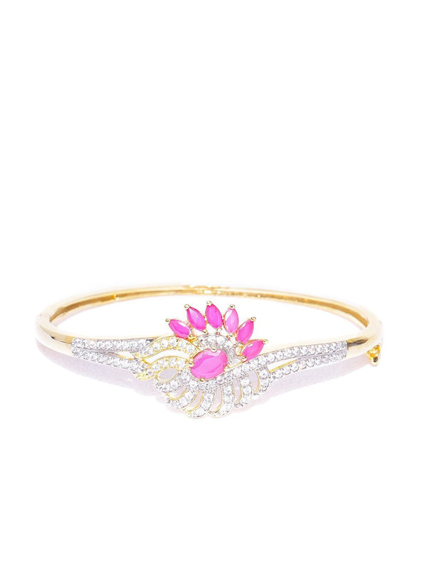 Women's Gold-Plated Pink, American Diamond and Ruby Studded Bracelet in Floral Pattern - Priyaasi