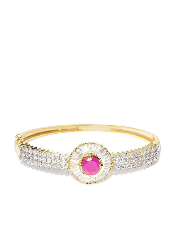 Women's Gold-Plated American Diamond and Ruby Studded Bracelet in Pink Color - Priyaasi