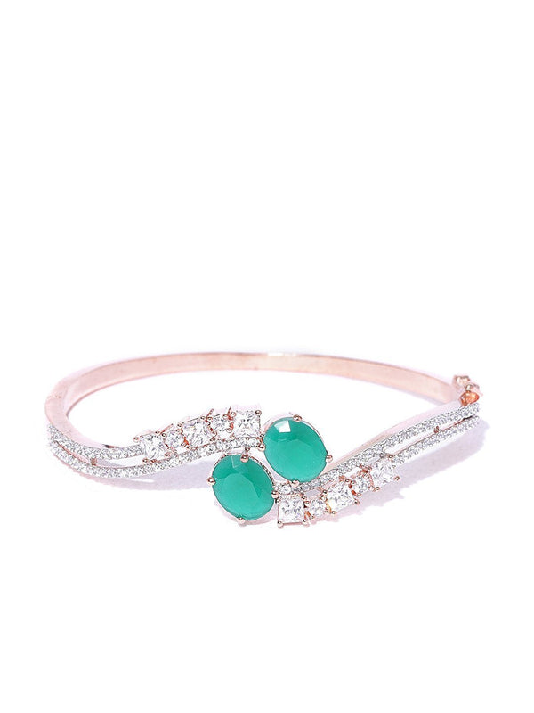 Women's Rose Gold-Plated American Diamond and Emerald Studded Bracelet in Green Color - Priyaasi