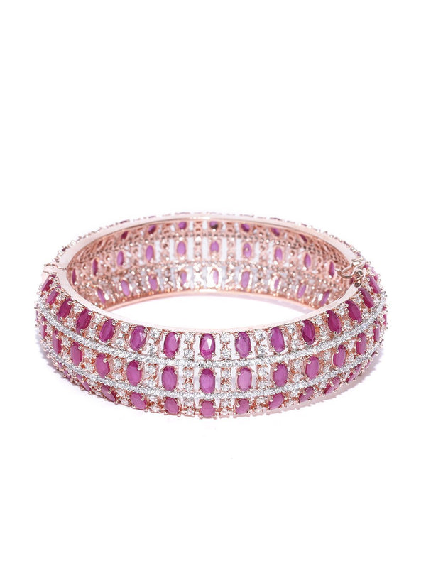 Women's Rose Gold-Plated American Diamond and Ruby Studded Kada Bracelet in Magenta And White Color - Priyaasi