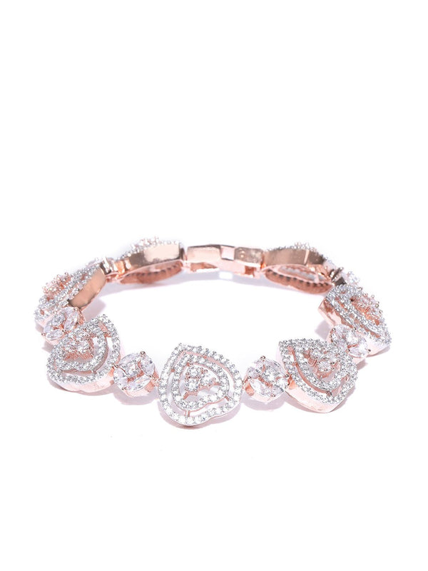 Women's Rose Gold-Plated American Diamond Studded Link Bracelet in Heart Pattern - Priyaasi