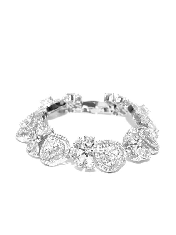 Women's Silver-Plated American Diamond Studded Link Bracelet in Heart Pattern - Priyaasi