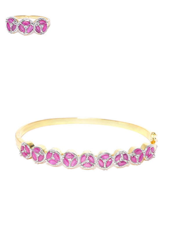 Women's Gold-Plated American Diamond and Ruby Studded Bracelet With Finger Ring in Magenta Color - Priyaasi