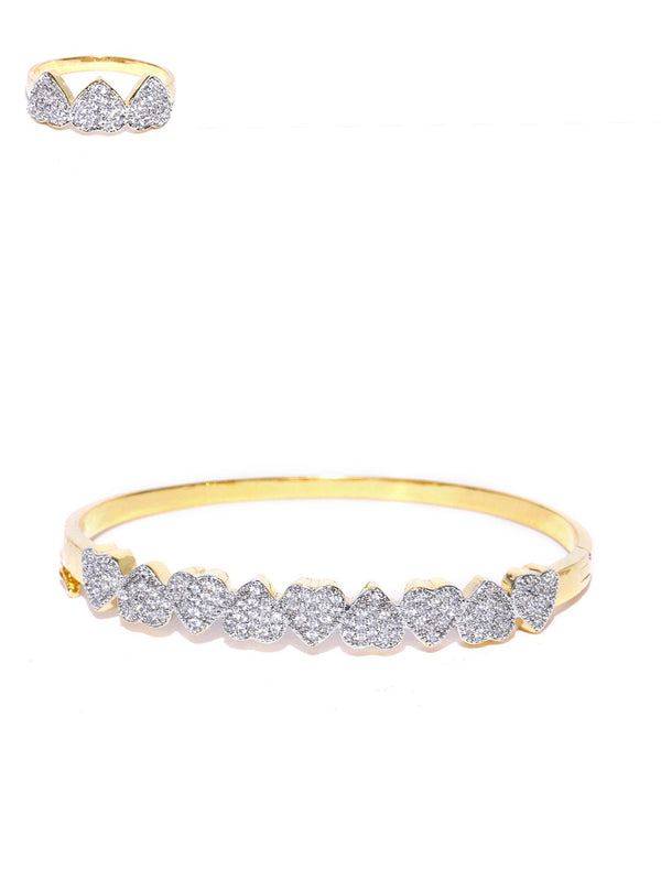 Women's Gold-Plated American Diamond Studded Bracelet With Finger Ring in Heart Pattern - Priyaasi