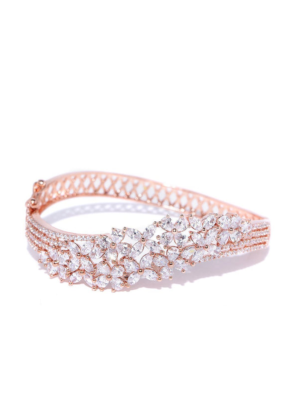 Women's Rose Gold-Plated American Diamond Studded Bracelet in Floral Pattern - Priyaasi