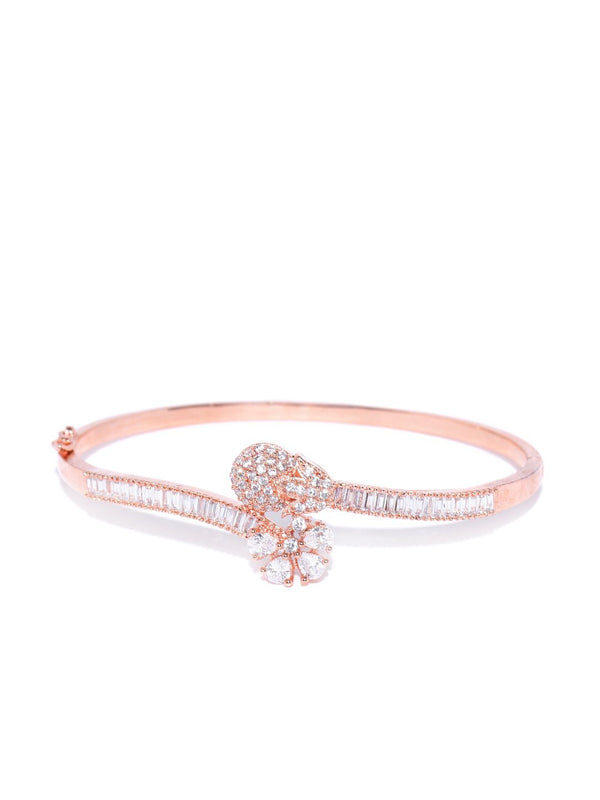 Women's Rose Gold-Plated American Diamond Studded Bracelet in Floral Pattern - Priyaasi