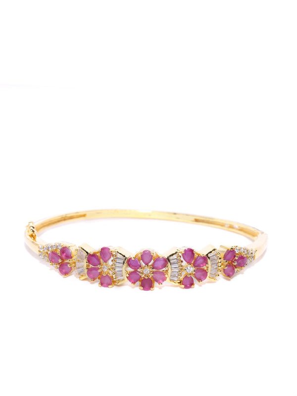 Women's  American Diamond and Ruby Stones Studded Floral Patterned Bracelet in Magenta Color - Priyaasi