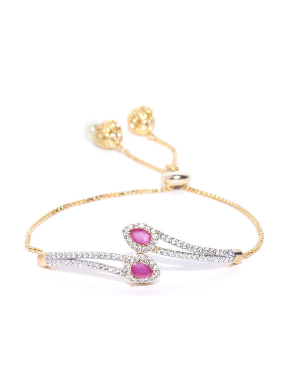 Women's  American Diamond and Ruby Studded Link Bracelet - Priyaasi