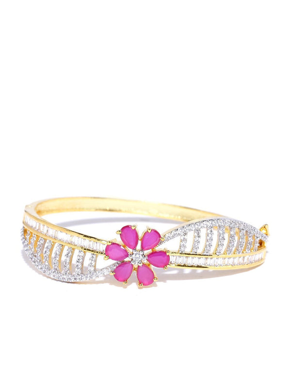 Women's Gold-Plated American Diamond and Ruby Studded Floral Patterned Bracelet in Pink Color - Priyaasi