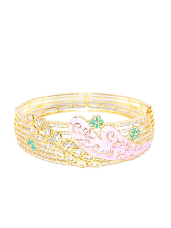 Women's Gold-Plated American Diamond Studded, Meenakari Kada Bracelet in Pink and Green Color - Priyaasi