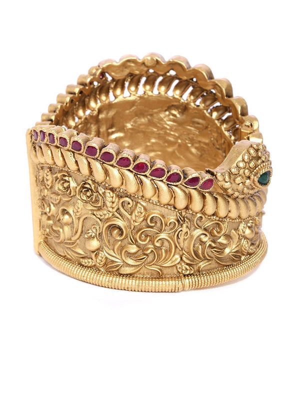 Women's Gold-Plated Kundan and Ruby Studded Floral Patterned Broad Bracelet - Priyaasi