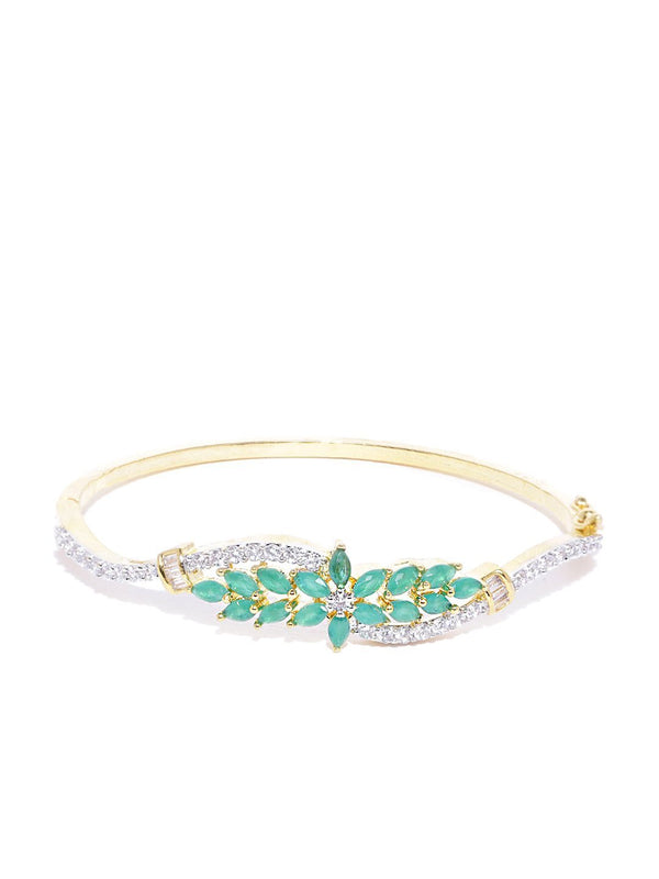 Women's Gold-Plated American Diamond and Emerald Studded, Floral Patterned Bracelet in Green Color - Priyaasi