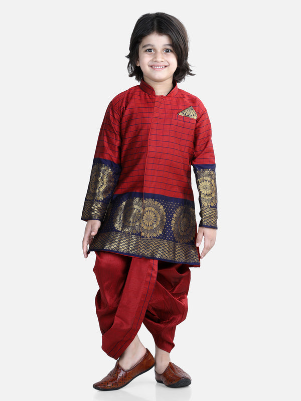 Boy's Maroon Color Full Sleeve Silk Border Dhoti Kurta  - NOZ2TOZ KIDS