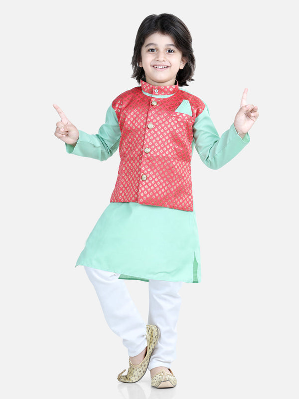 Boy's Green Jacquard Kurta Sets - Bownbee