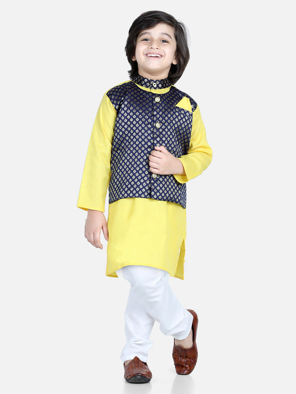 Boy's Yellow Jacquard Kurta Sets - Bownbee