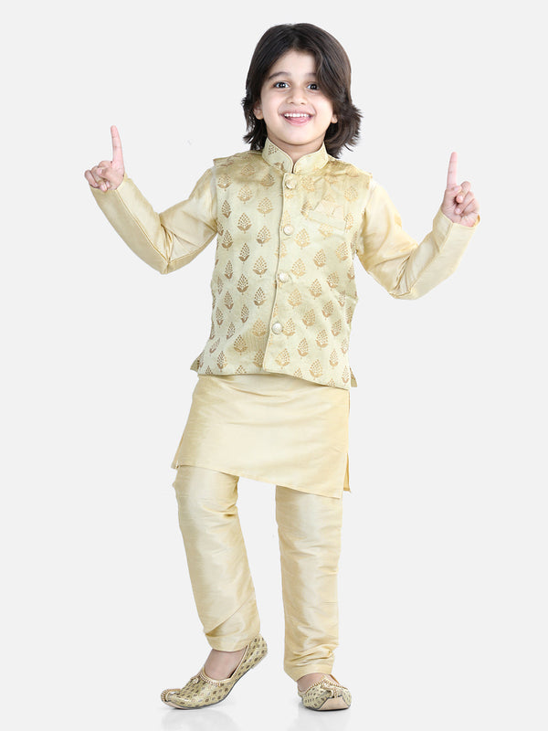 Boy's Beige Color 3 Piece Jacquard Jacket Silk Kurta Pajama  - NOZ2TOZ KIDS