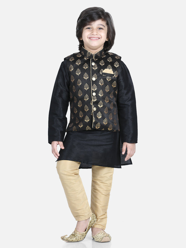 Boy's Black Color 3 Piece Jacquard Jacket Silk Kurta Pajama  - NOZ2TOZ KIDS