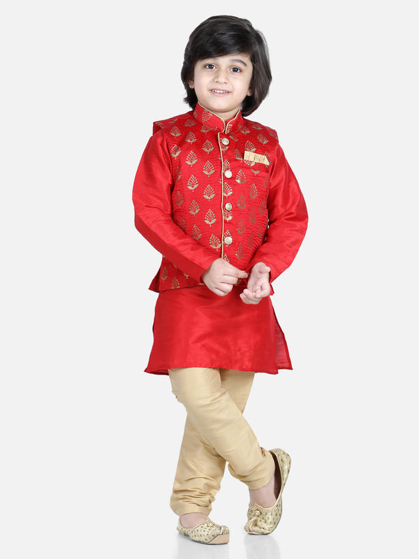 Boy's Red Color 3 Piece Jacquard Jacket Silk Kurta Pajama - NOZ2TOZ KIDS