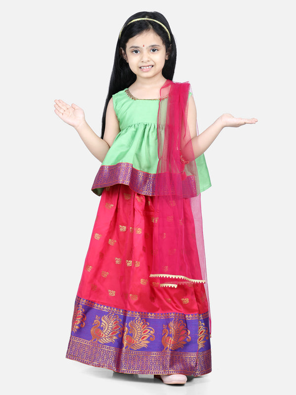 Girl's Green Color Jacquard Lehenga with Flared Choli with Dupatta - NOZ2TOZ KIDS