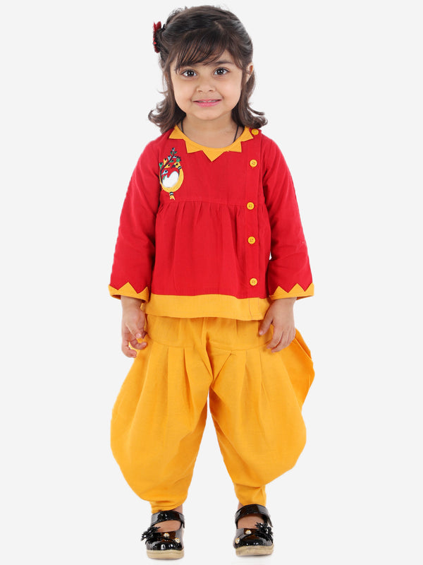 Girl's Cotton Red Dhoti Sets - Bownbee