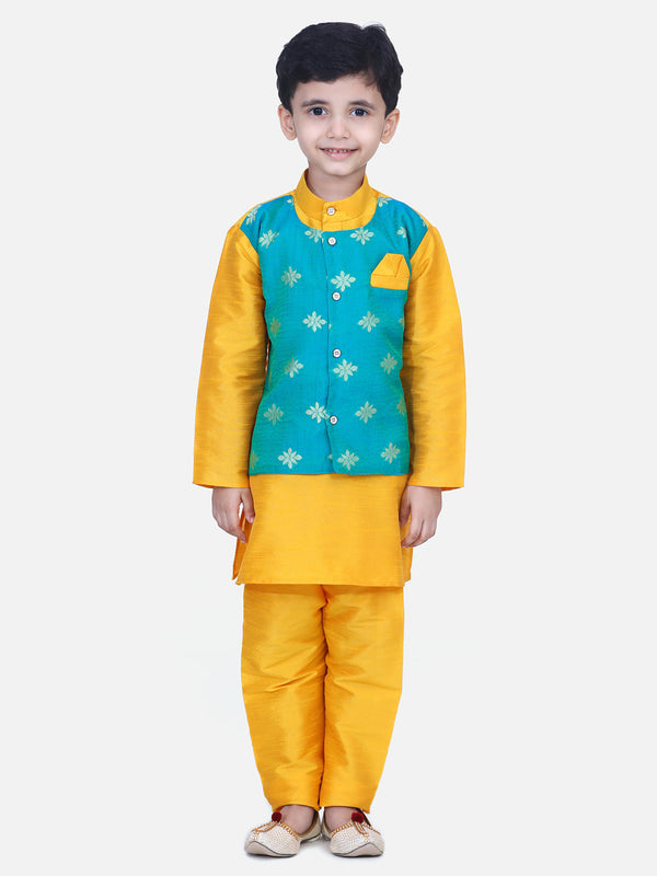 Boy's Orange Silk Kurta Sets - Bownbee