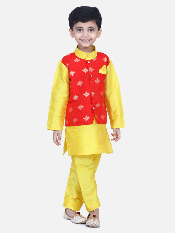 Boy's Yellow Silk Kurta Sets - Bownbee