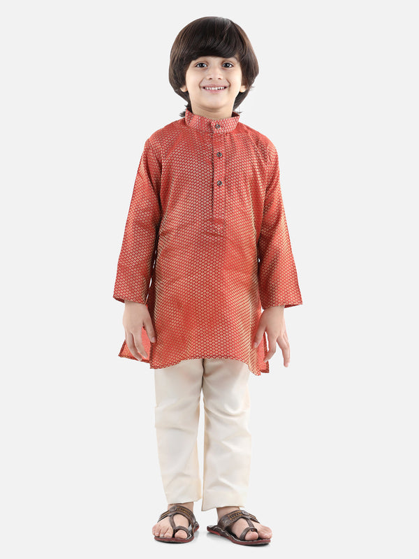 Boy's Red Cotton Kurta Sets - Bownbee