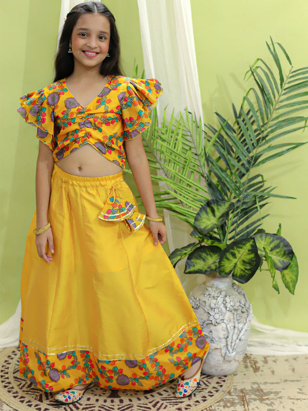 Girl's Cotton Yellow Lehenga Sets - Bownbee