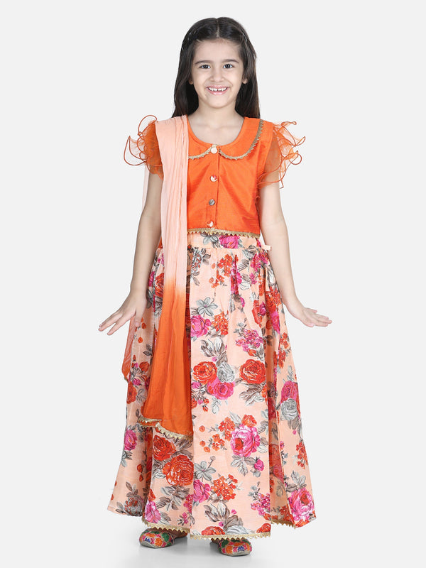 Girl's Silk Orange Lehenga Sets - Bownbee