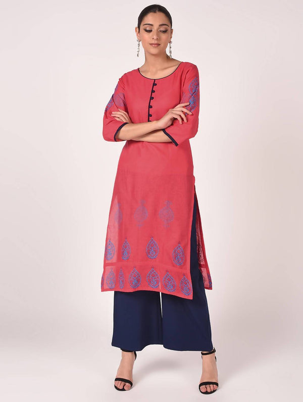 Women's Baby Pink & Dark Blue Hand Block Print Straight Kurta With Palazzo - Cheera