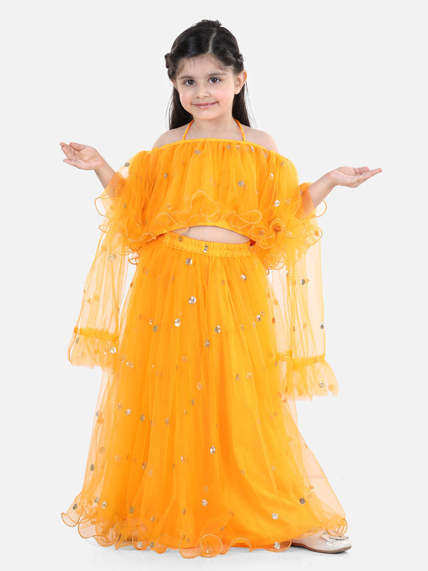 Girl's Net Yellow Lehenga Sets - Bownbee