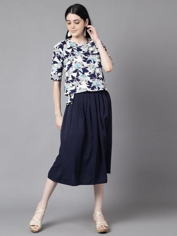 Women's Daima Navy Blue Slip-On Polyester Short Sleeves Skirt And Top Set - Nayo Clothing