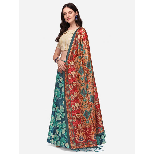 Women's Digital Print Shiney Satin Semistitched Lehenga Choli With Unstitched Blouse And Thred Work Dupatta - Kaizen Texo Fab