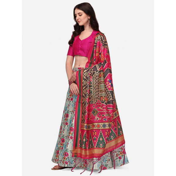 Women's Digital Print Shiney Satin Semistitched Lehenga Choli With Unstitched Blouse And Thred Work Dupatta - Kaizen Texo Fab