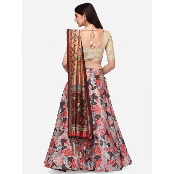 Women's Digital Print Shiney Satin Semistitched Lehenga Choli With Unstitched Blouse And Thred Work Dupatta - Kaizen Texo Fab