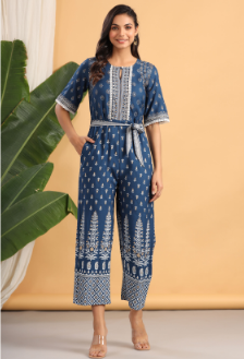 Women's Indigo Rayon Printed Ethnic Jumpsuit with Belt - Juniper