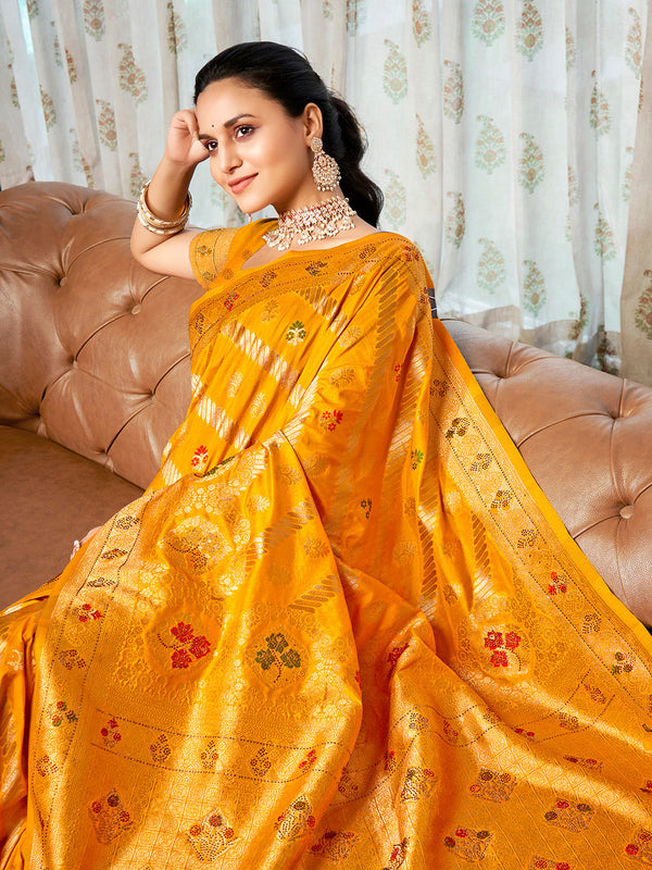 Women's Yellow Silk Woven Work Traditional Saree - Sangam Prints