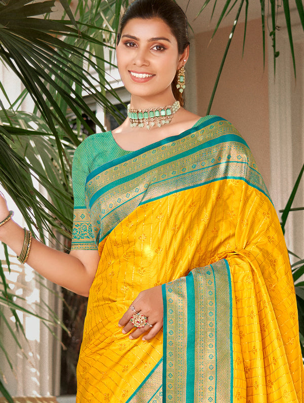 Women's Yellow Silk Woven Work Traditional Saree - Sangam Prints